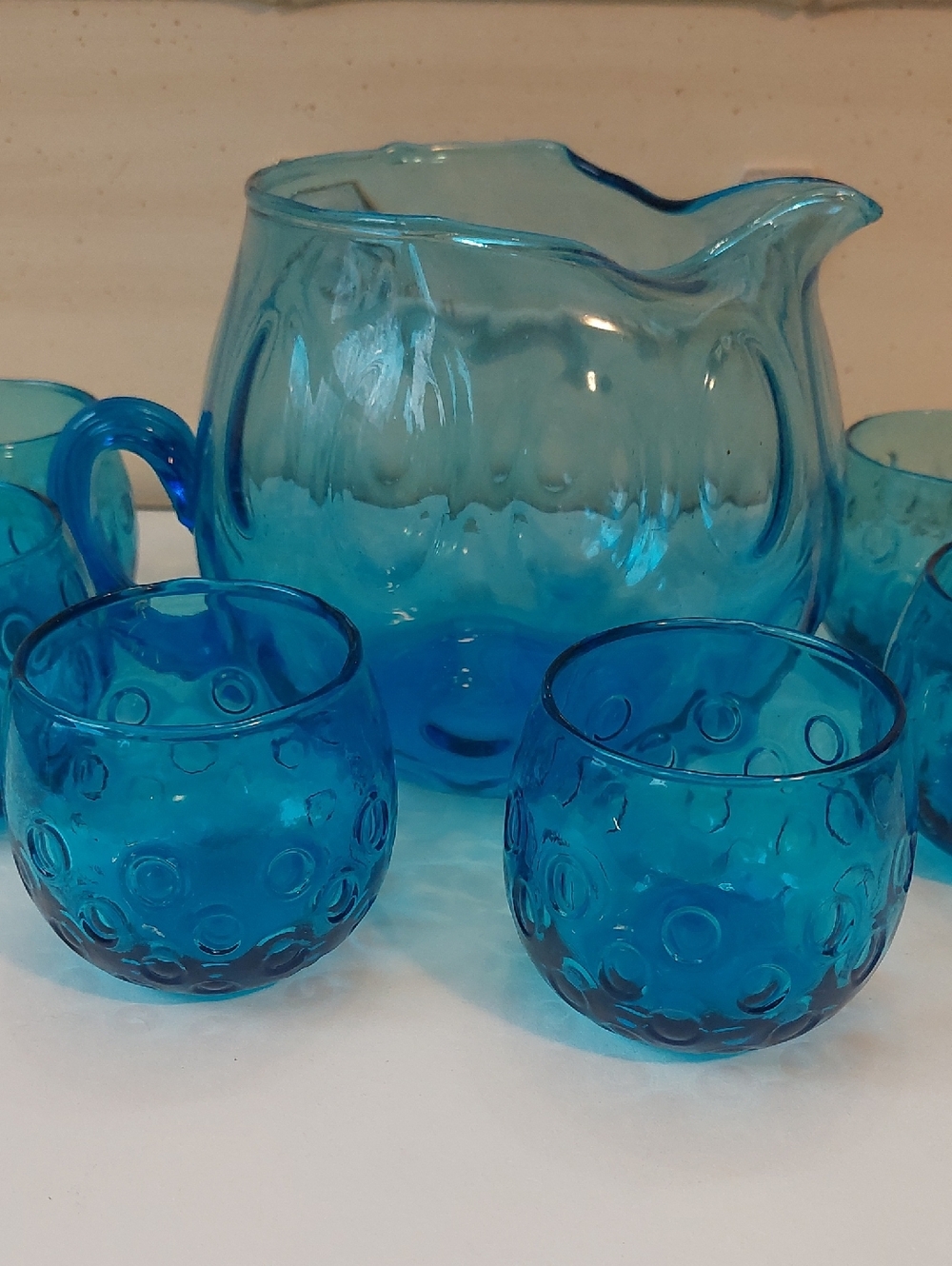 Vintage MCM Blue art blown glass pitcher and glasses